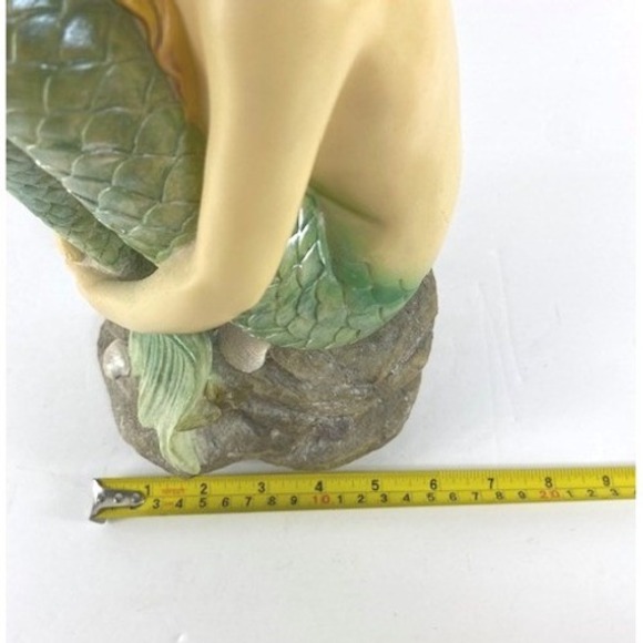 Mermaid Figurine Sitting on Rock Shells Iridescent Green Tail Statue 12 inch - Picture 8 of 10